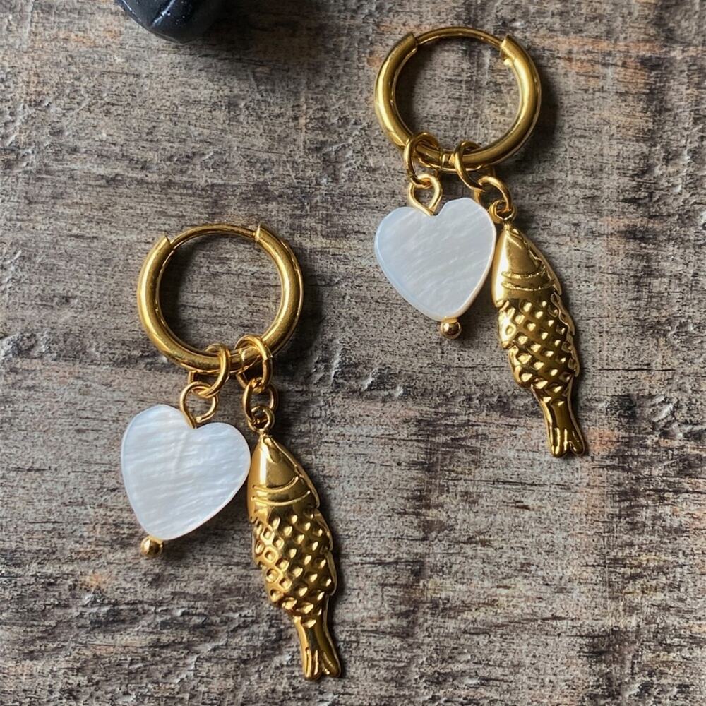 NEW Gold Hoop Earrings Pearl Heart & Fish Charm